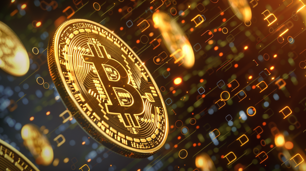 Bitcoin: ETF-Gelder trotzen der Kursflaute Symbolische goldene Bitcoin-Münzen in einem futuristischen digitalen Raum mit schwebendem Binärcode