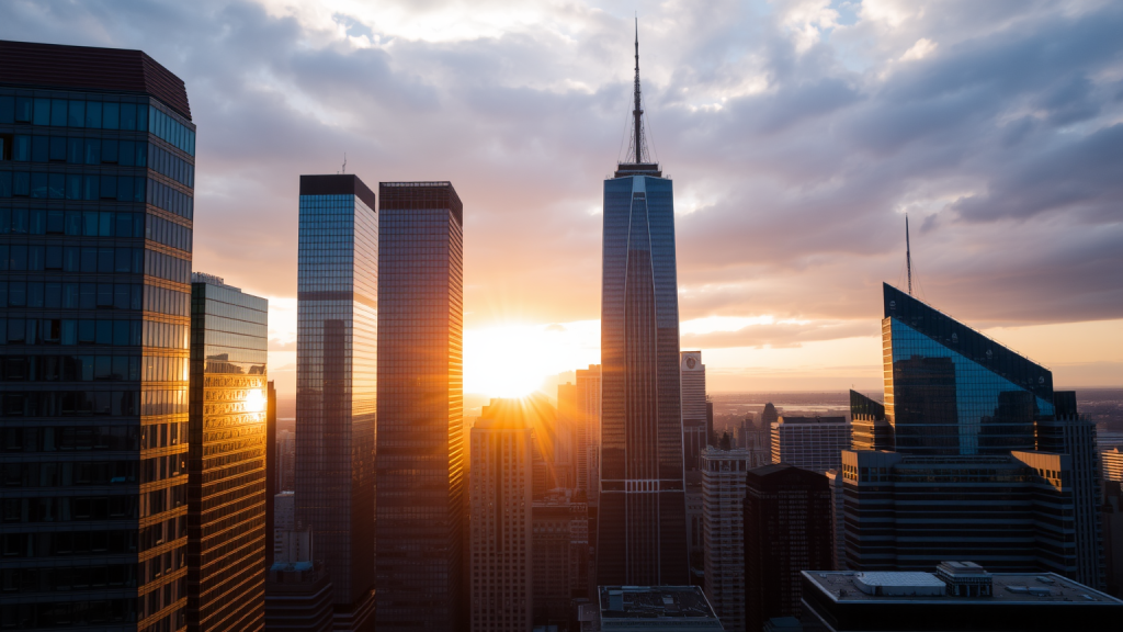 Personaldienstleister und Werberiesen: Fünf EuroStoxx-Aktien im Höhenflug Finanzdistrikt bei Sonnenuntergang, Wolkenkratzer