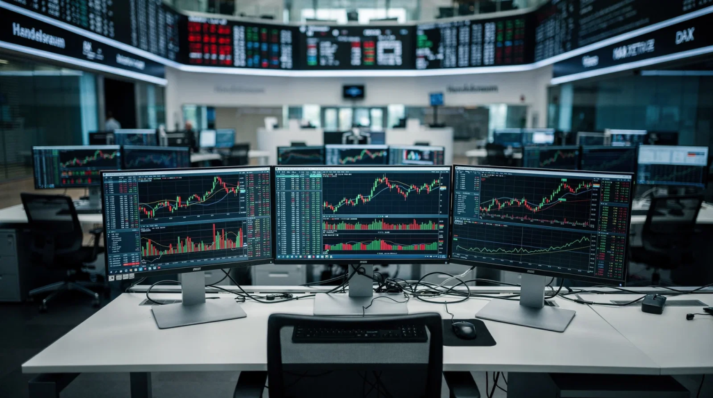 Bayer-Aktie: Ab jetzt geht es los! Leeres Parkett der Frankfurter Börse mit unscharfen Monitoren im Hintergrund bei gedimmter Beleuchtung.