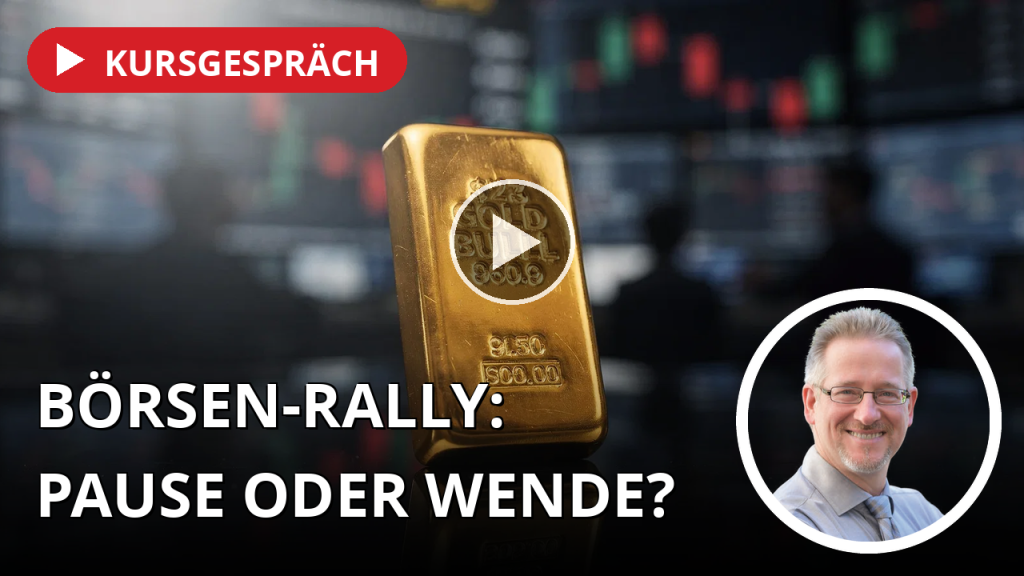 Rekordjagd an den Börsen gerät ins Stocken – Chipwerte belasten, Gold glänzt Ein glänzender Goldbarren vor einem verschwommenen Hintergrund der Börse, der Stabilität in volatilen Marktzeiten symbolisiert.
