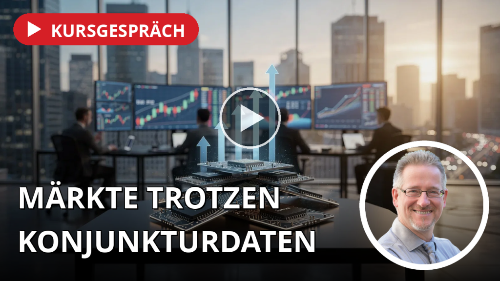 Rekordjagd bei sinkenden Bewertungen: Märkte trotzen schwachen US-Jobdaten, TSMC liefert Beweis für KI-Boom Moderne Handelsplattform mit verschwommenen Finanzcharts und Halbleiter-Symbolik als Ausdruck für KI-Wachstum.