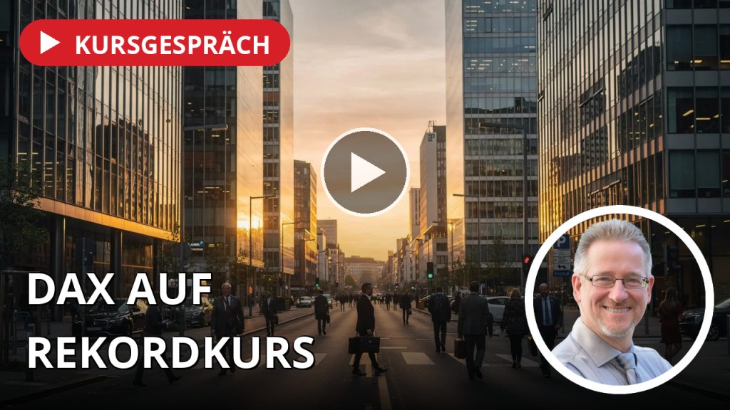 DAX markiert neues Allzeithoch – RWE zieht an E.ON vorbei, Gold legt kräftig zu Moderne Frankfurter Finanzmeile bei Sonnenuntergang mit spiegelnden Glasfassaden der Bankengebäude.