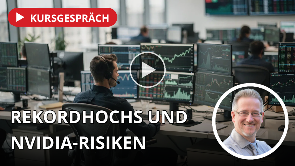Rekordhochs, 13F-Meldungen und Nvidias Milliardenrisiko: Was die Börsenwoche bewegt Börsenhändler an modernen Arbeitsplätzen mit Bildschirmen vor dem Hintergrund einer geschäftigen Finanzmarktkulisse.