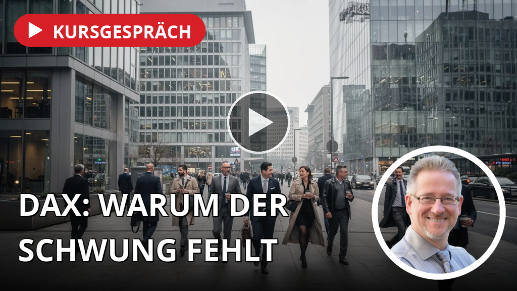 DAX tritt auf der Stelle: Anleihenmarkt sorgt für Nervosität, KI-Konzerne rüsten sich für Börsengänge Menschen in Businesskleidung gehen an einem modernen Bürogebäude in einem Finanzviertel bei bewölktem Tageslicht vorbei.