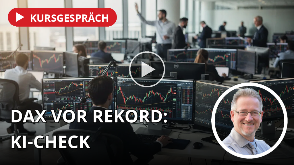 Ein Finanzanalyst vor Bildschirmen mit komplexen Börsendaten und Marktgrafiken in einem modernen Büro.