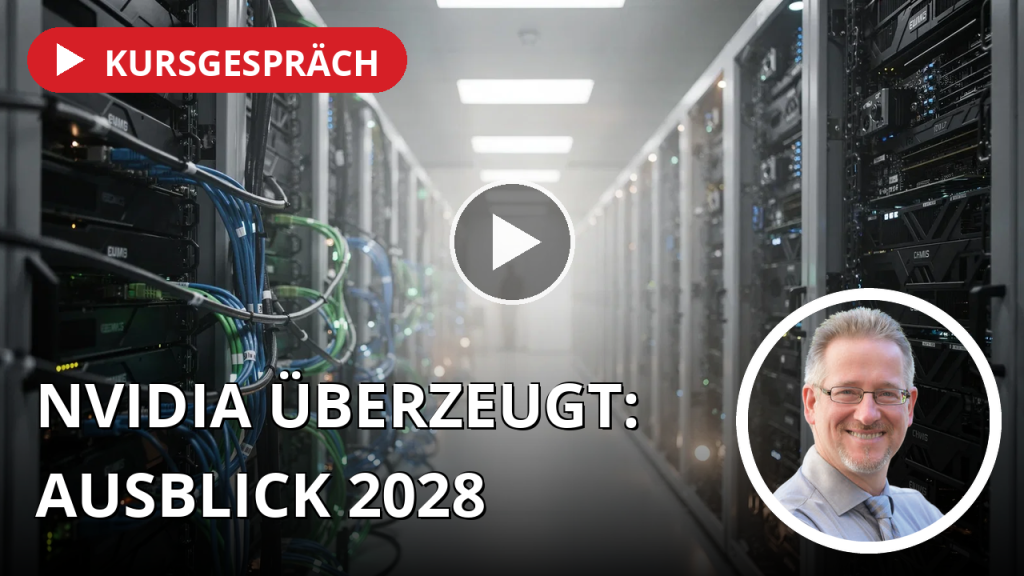 Nvidia übertrifft Erwartungen deutlich – Ausblick auf 2028 sorgt für Kursdreh Moderne Serverräume mit leuchtenden Glasfaserkabeln und GPU-Rechenzentren in einem Technologieunternehmen.