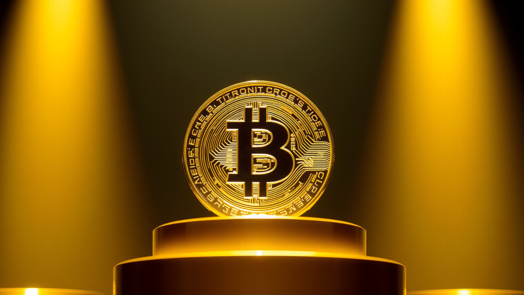 Bitcoin: Short-Seller werden gepresst Goldener Bitcoin auf einem Podest im Scheinwerferlicht (KI-generiertes Symbolbild)