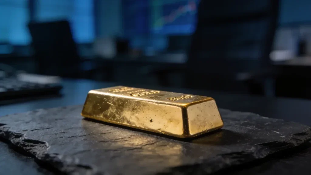 Gold: Zinserwartung drückt Kurs Gold Aktie - Beitragsbild (KI-generiertes Symbolbild)