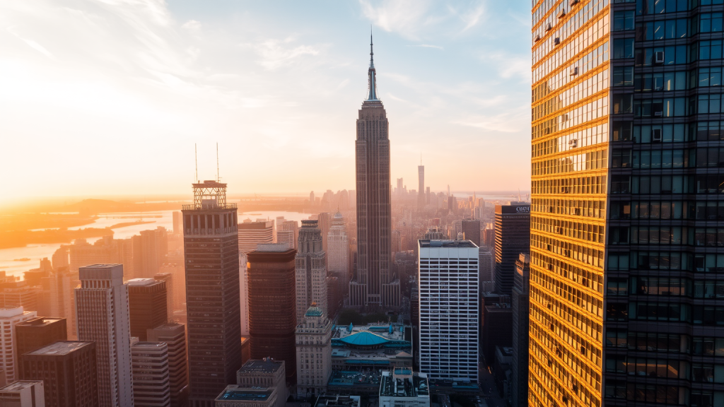 Solana: SEC stuft Token als Ware ein Skyline von Finanzdistrikt bei Sonnenaufgang (KI-generiertes Symbolbild)