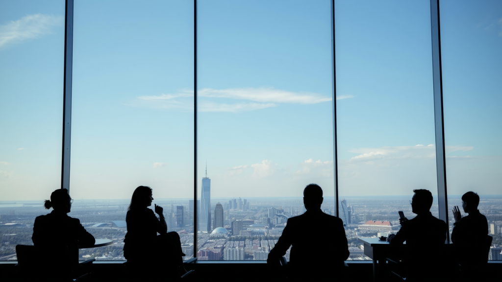 Solana: Neue Chefstrategin von Binance Silhouetten von Geschäftsleuten im Besprechungsraum mit Stadtblick (KI-generiertes Symbolbild)