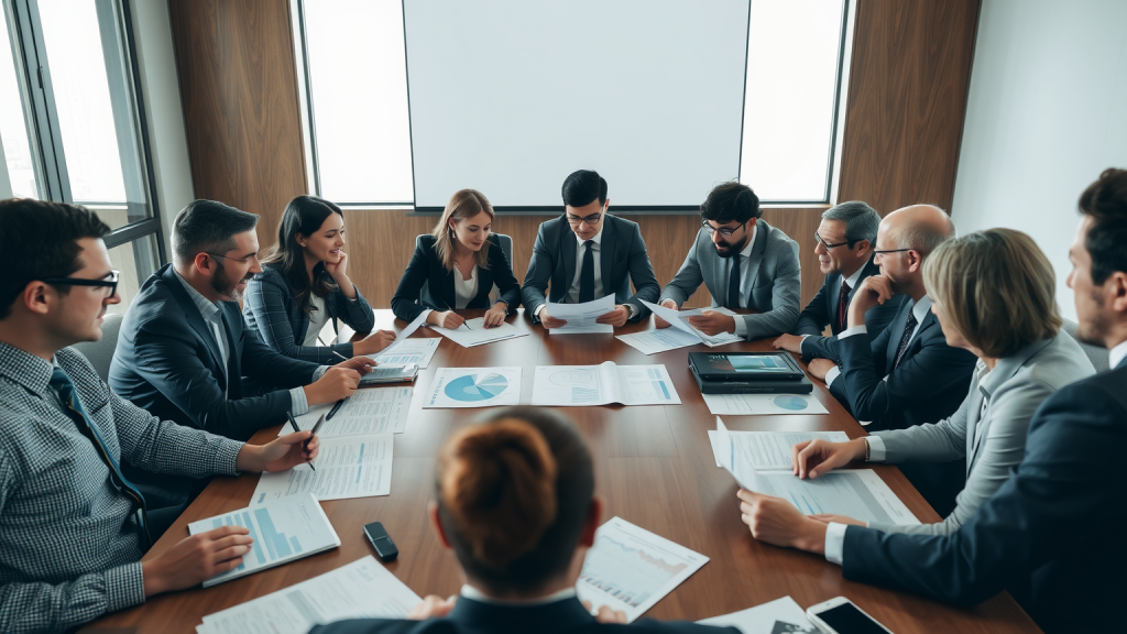 Investoren diskutieren Finanzberichte in Konferenzraum (KI-generiertes Symbolbild)