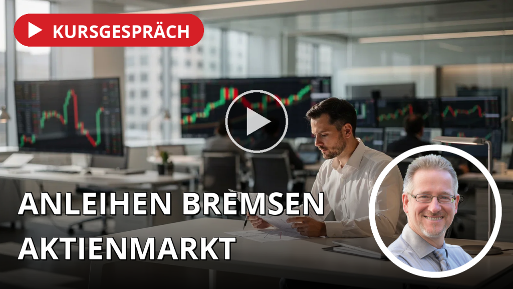 Angst vor dem Zins: Anleihenmärkte bremsen die Rekordrallye, Dell und Palo Alto liefern trotzdem stark ab Blick auf einen modernen Handelsraum mit unscharfen Kursverläufen auf Monitoren und einem Analysten am Schreibtisch.