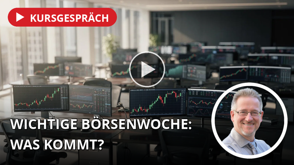 Anthropic-IPO, Wella-Debüt und EZB-Zinsentscheid: Diese Woche bewegt die Märkte Moderne, leere Börsen-Handelsplattform mit mehreren Monitoren, die Markttrends und Finanzanalysen anzeigen.