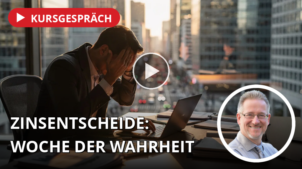 Zinswoche mit Sprengkraft: Fed, Ölpreis und die Angst vor einer Finanzkrise 2.0 Ein gestresster Finanzexperte an einem Schreibtisch in einem modernen Büro vor einer verschwommenen Skyline.