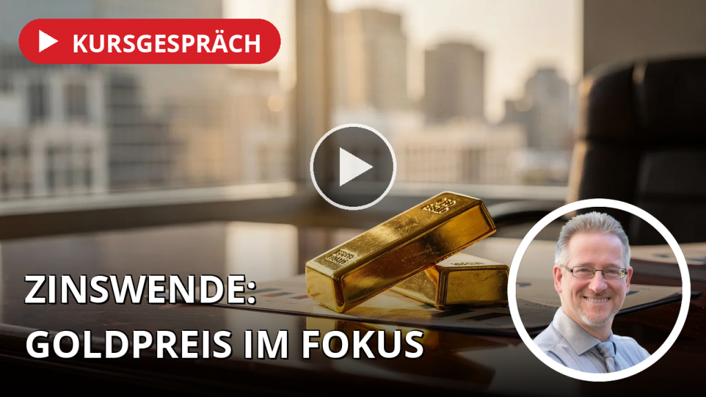 Fed-Chef Warsh läutet neuen Zinszyklus ein – Gold trotzt der Zinserhöhung Ein Goldbarren liegt auf Finanzdokumenten in einem hellen Bürogebäude mit Blick aus dem Fenster.