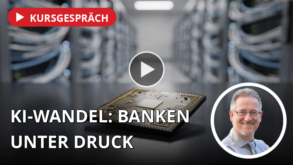 Ein moderner Halbleiterchip auf einer reflektierenden Oberfläche vor einem unscharfen Hintergrund mit Server-Technologie.