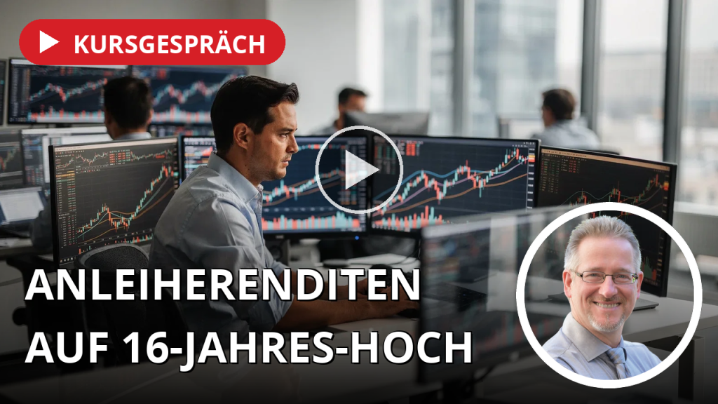 Zinsschock erfasst die Aktienmärkte: Anleiherenditen auf höchstem Niveau seit 2007 Ein Börsenhändler vor Monitoren mit fallenden Aktienkursen und Finanzdaten in einem modernen Büro.