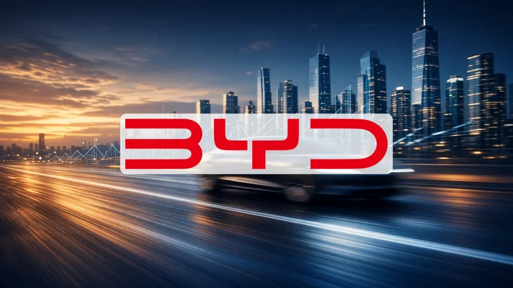 Abstrakte Darstellung der Automobilindustrie mit dynamischen Lichtspuren in einem urbanen Umfeld zur Symbolisierung von Marktdynamik.