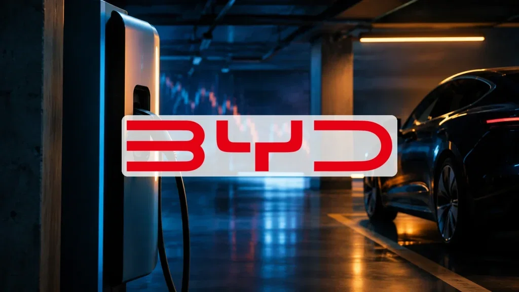 BYD-Aktie: Donnerwetter! Moderne E-Ladestation in einer minimalistischen Industriehalle bei atmosphärischer Beleuchtung.