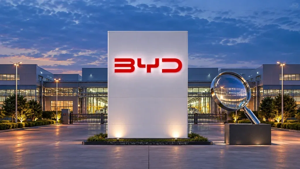 BYD Aktie: Gewinnplus reicht den Analysten nicht Moderne Ladestation für Elektroautos in einem minimalistischen, architektonischen Umfeld bei Dämmerung. (KI-generiertes Symbolbild)