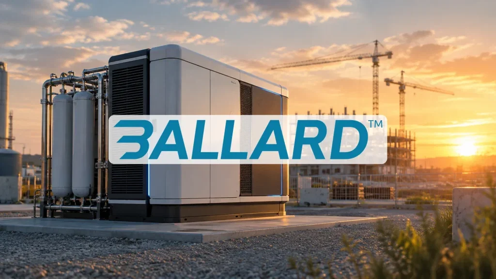 Ballard Power-Aktie: Verrückt, was da jetzt passiert! Moderner mobiler Wasserstoffgenerator auf einer Baustelle bei Sonnenuntergang als Symbol für saubere Energietechnologie.