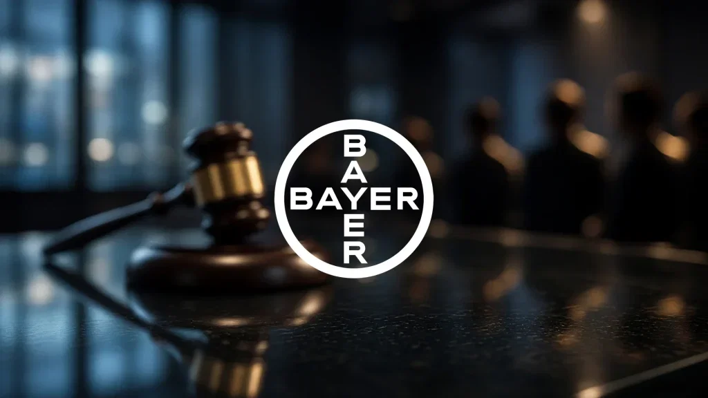 Bayer-Aktie: Milliarden-Urteil! Ein hölzerner Auktionshammer auf einem modernen Konferenztisch symbolisiert juristische Unsicherheit im Pharmasektor.