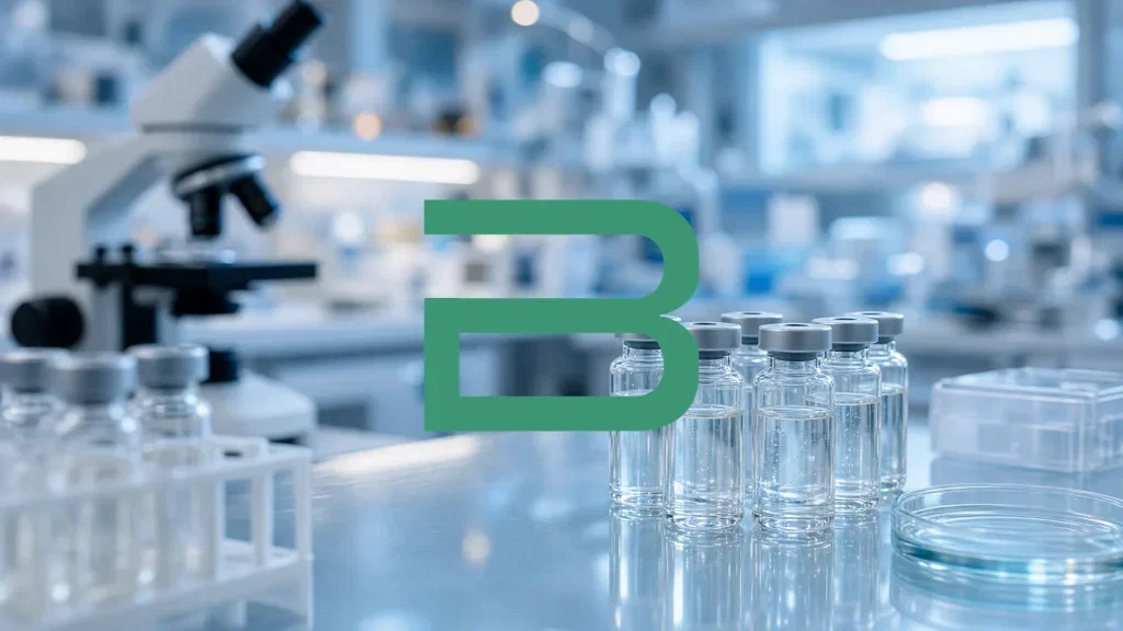 Abstrakte Darstellung eines modernen biotechnologischen Forschungslabors mit Fokus auf medizinische Innovation.