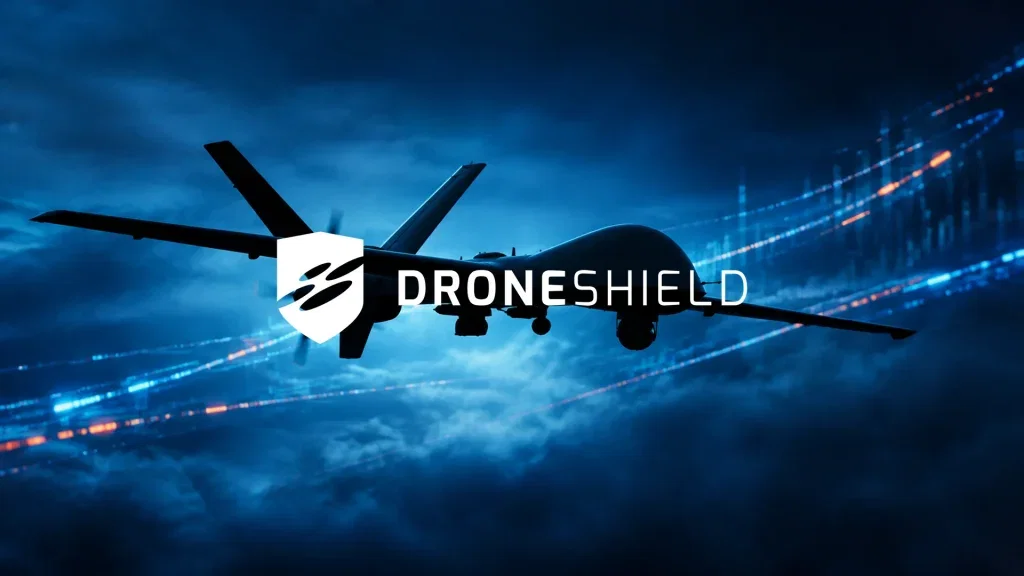 Abstraktes Bild einer Überwachungsdrohne vor einem stimmungsvollen, technologisch geprägten Hintergrund.