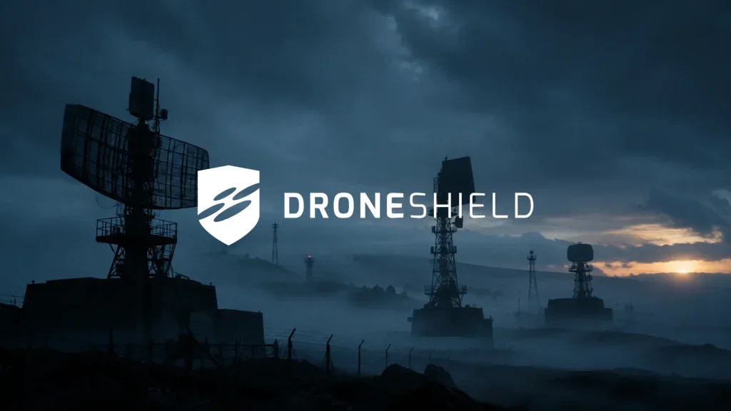 DroneShield-Aktie: Totale Angst! Düstere Industrielandschaft mit Radaranlagen bei Dämmerung, die Unsicherheit und einen Abwärtstrend symbolisiert.