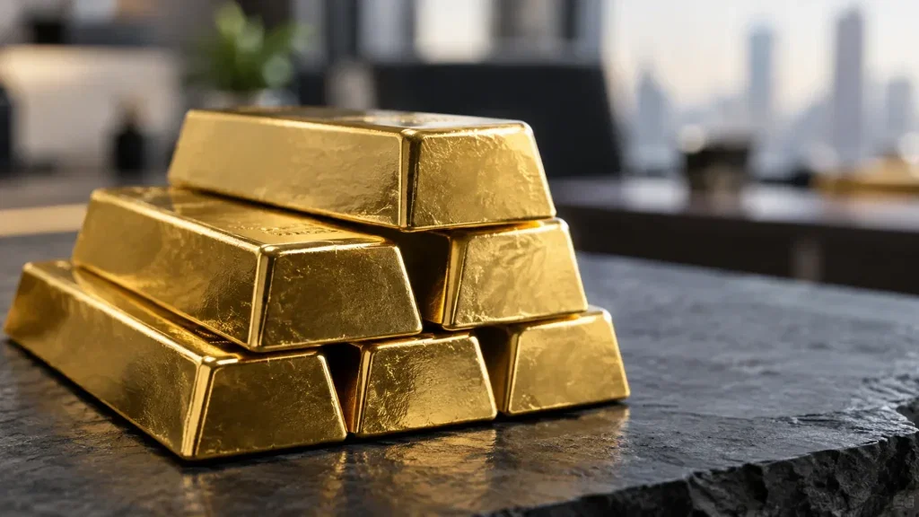 Goldpreis kracht unter 4.000 USD: Was passiert jetzt? Gestapelte Goldbarren auf einer dunklen Schieferoberfläche bei natürlichem Licht.