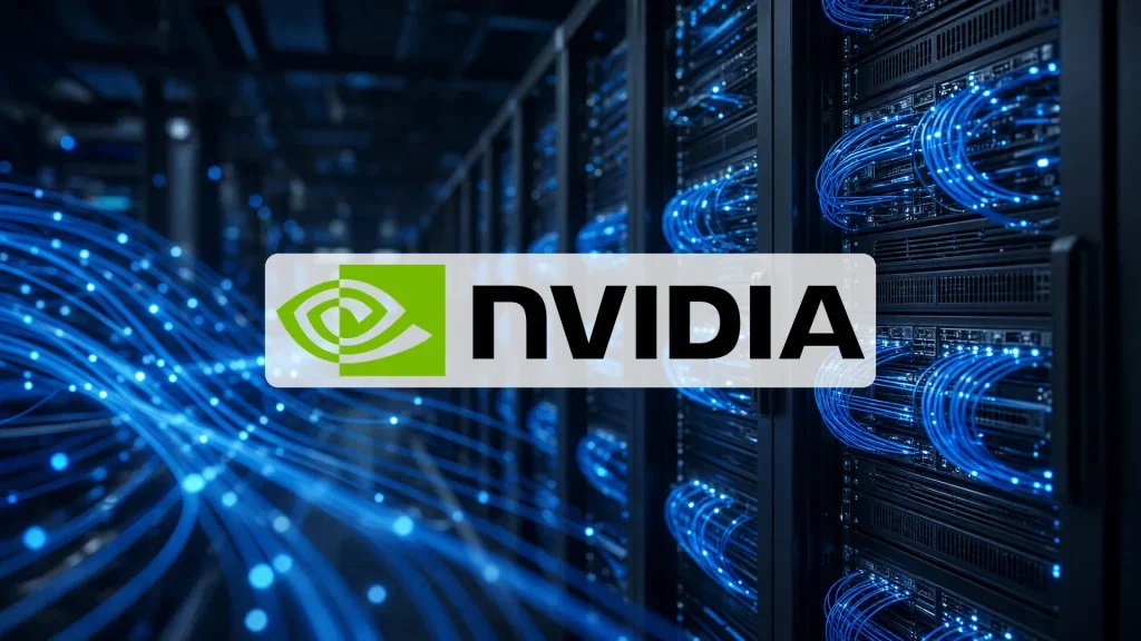 Nvidia-Aktie: Es geht jetzt ganz schnell! Abstraktes, professionelles Bild eines modernen Rechenzentrums mit leuchtenden Glasfaserkabeln und Server-Infrastruktur.