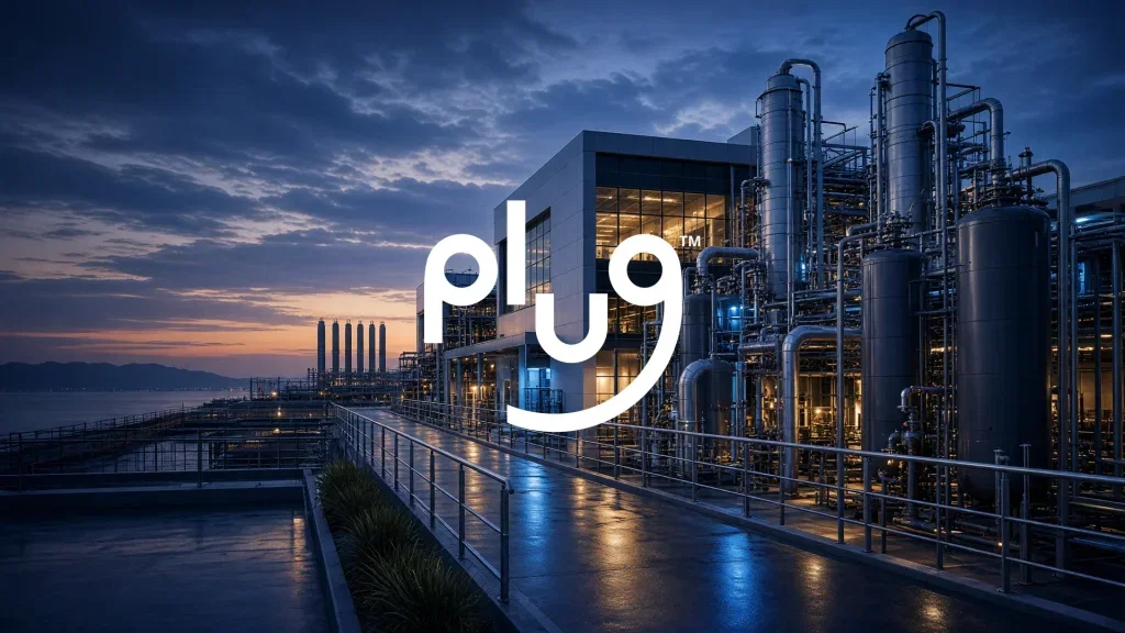 Plug Power-Aktie: Die Rettungs-Prognose! Moderne Wasserstoff-Industrieanlage bei Dämmerung, symbolisiert die Zukunft der erneuerbaren Energien.