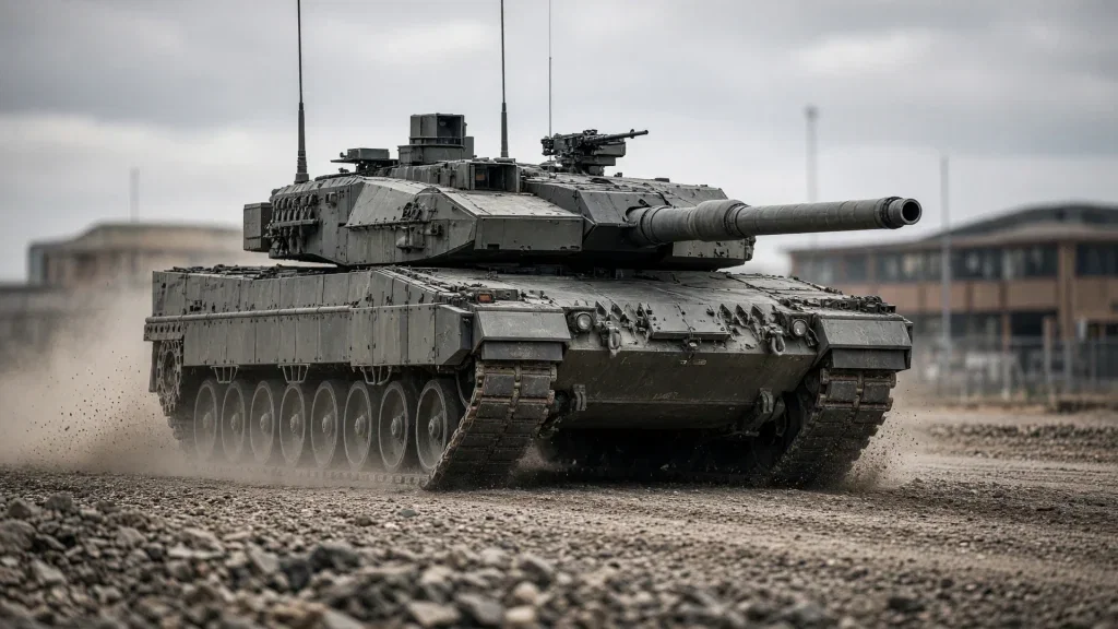 Ein moderner Leopard 2 Kampfpanzer fährt über ein unebenes Übungsgelände bei Tageslicht.