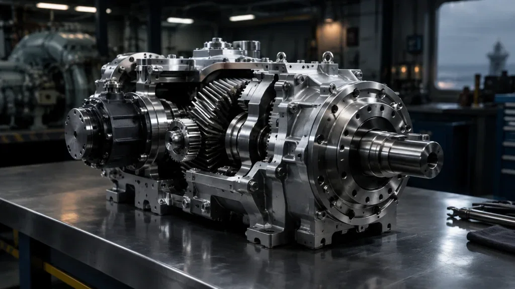 Präzisionsgefertigtes Getriebesystem für maritime Antriebstechnik auf einer Werkbank in einer Industriehalle.