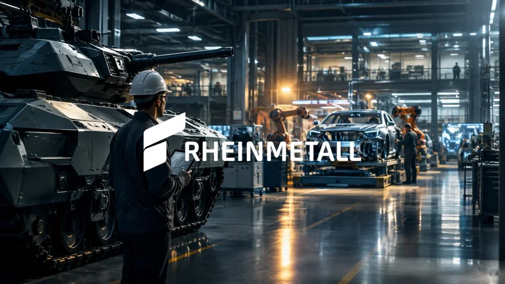 Abstrakte Darstellung einer modernen Industrieanlage mit Fokus auf strategisches Wachstum und Verteidigungstechnologie.