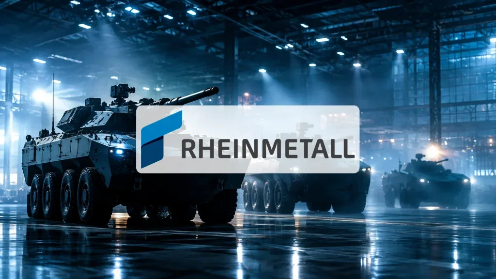 Rheinmetall-Aktie: Sensationell! Abstrakte Darstellung der Verteidigungsindustrie mit modernen gepanzerten Fahrzeugen in einer Industriehalle.