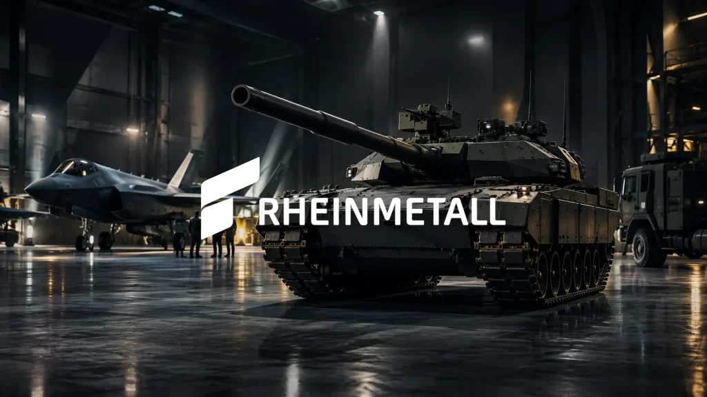 Rheinmetall-Aktie: Paukenschlag! Moderne militärische Industrietechnik in einer Lagerhalle, die Stärke und strategisches Wachstum symbolisiert.