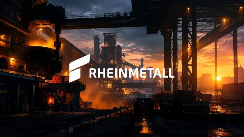 Rheinmetall-Aktie: Was für ein gigantisches Ziel! Industrielle Fertigungshalle bei Dämmerung mit Fokus auf schwere Maschinenteile und atmosphärischer Beleuchtung.