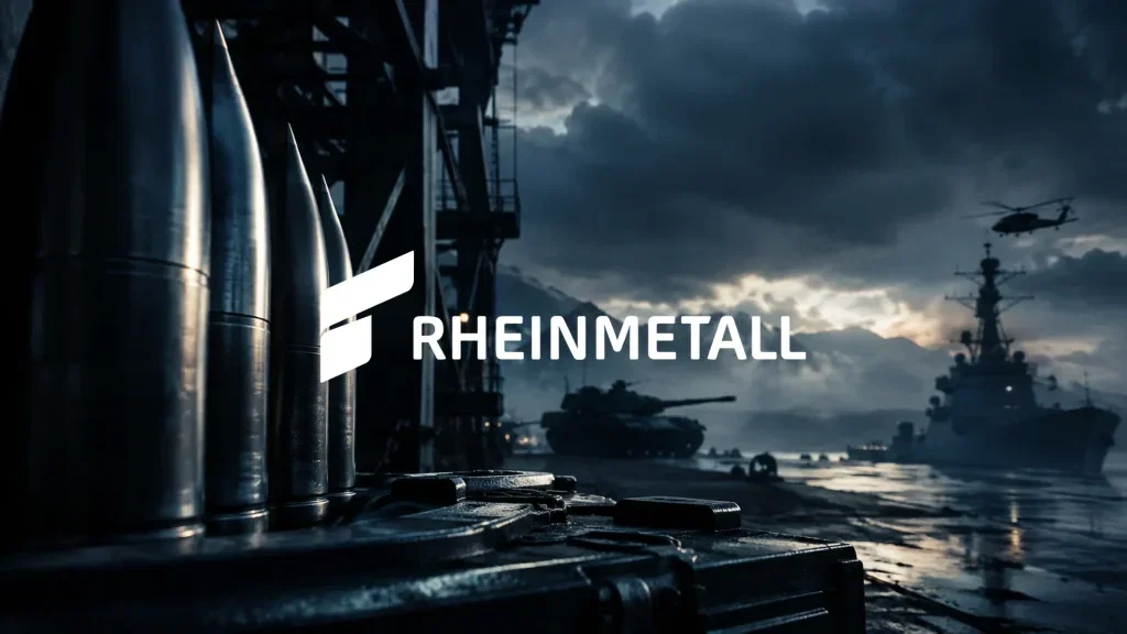 Abstrakte, industrielle Szene mit metallischen Texturen und düsterer Beleuchtung, die die Volatilität der Rüstungsindustrie symbolisiert.