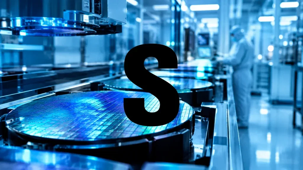 Samsung-Aktie: Rekordgewinn reicht Anlegern nicht! Abstrakte Darstellung einer modernen Halbleiterfertigung mit leuchtenden Silizium-Wafern in einem High-Tech-Reinraum.
