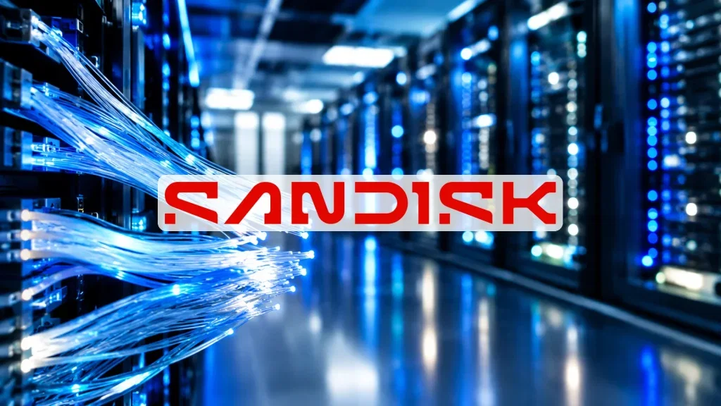Modernes Rechenzentrum mit leuchtenden Glasfaserkabeln und Serverracks als Symbol für den KI-Infrastruktur-Boom.