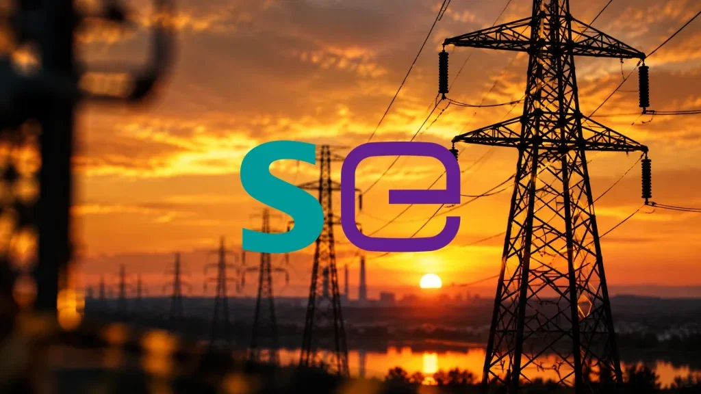 Hochspannungsmasten vor einem goldenen Abendhimmel als Symbol für den Strom-Superzyklus und die Energiewirtschaft.