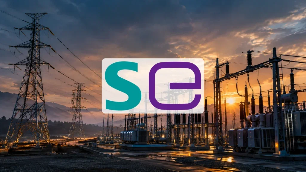 Siemens Energy-Aktie: Milliarden-Boom! Moderne Hochspannungs-Strominfrastruktur bei Dämmerung als Symbol für den Energiesektor.