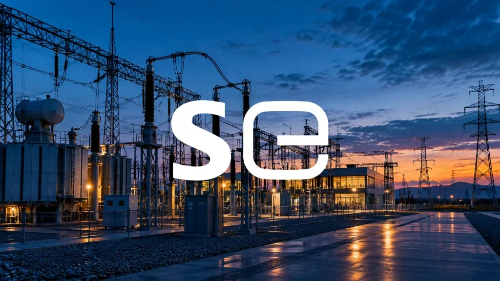 Moderne Hochspannungs-Energieinfrastruktur und Umspannwerk in der Abenddämmerung als Symbol für industrielle Energiewirtschaft.
