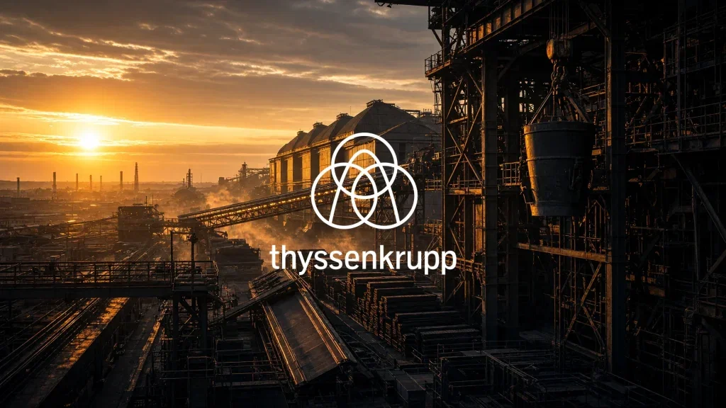 ThyssenKrupp-Aktie: Überraschung zum Hammer-Minus! Abstrakte Darstellung eines industriellen Stahlwerks bei Sonnenaufgang als Symbol für Marktveränderungen.