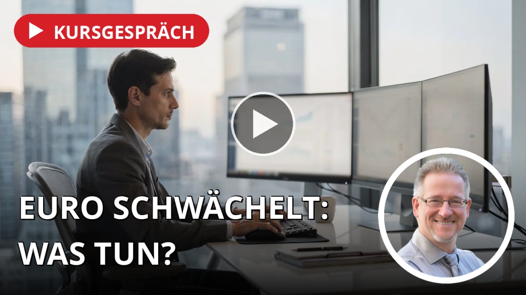 Schwacher Euro, starke Erwartungen: Was Anleger in dieser Börsenwoche beachten sollten Ein konzentrierter Investor an einem minimalistischen Schreibtisch in einem modernen Büro mit Blick auf eine Skyline.
