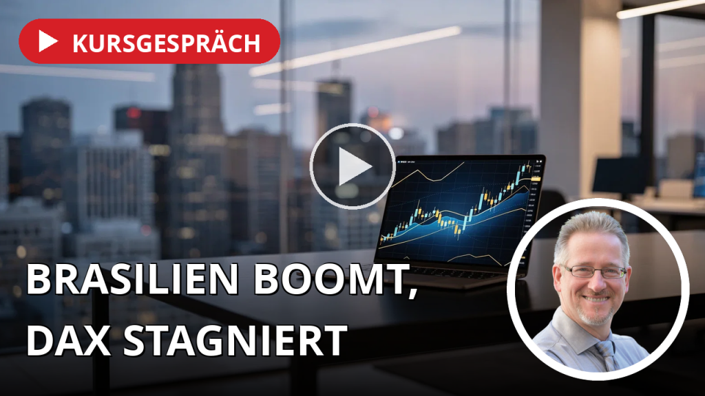 Brasiliens Bovespa springt auf Rekordhoch, DAX tritt auf der Stelle, SpaceX wird zur „Superintelligenz“ Ein moderner Trading-Arbeitsplatz mit einem Laptop vor einer verschwommenen Skyline bei Dämmerung.